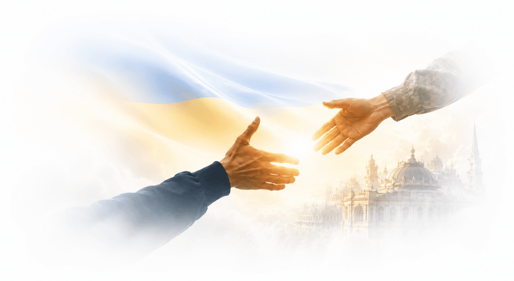 Руки військового та людини, що простягаються назустріч на тлі українського прапора